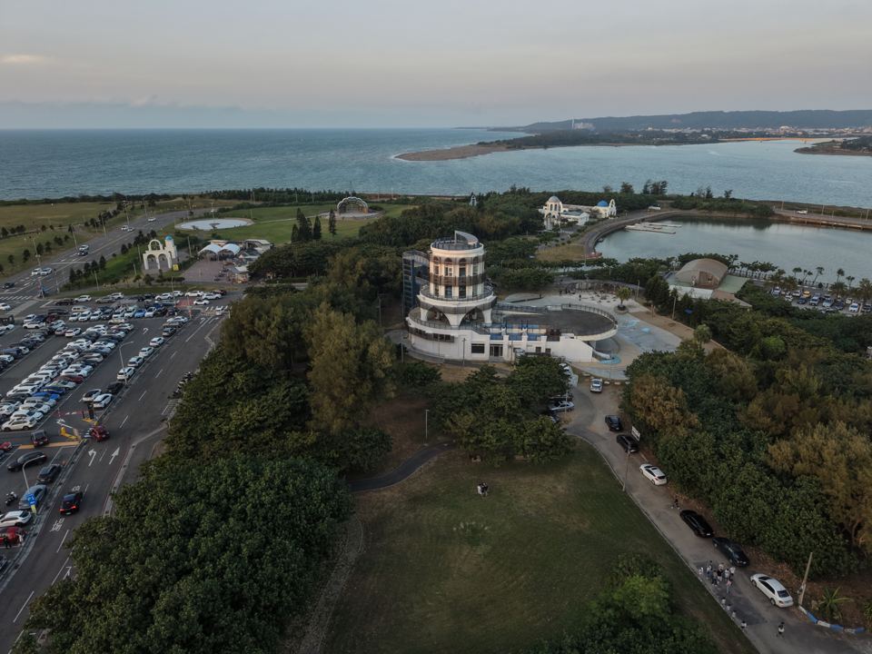 A seaside park at dusk